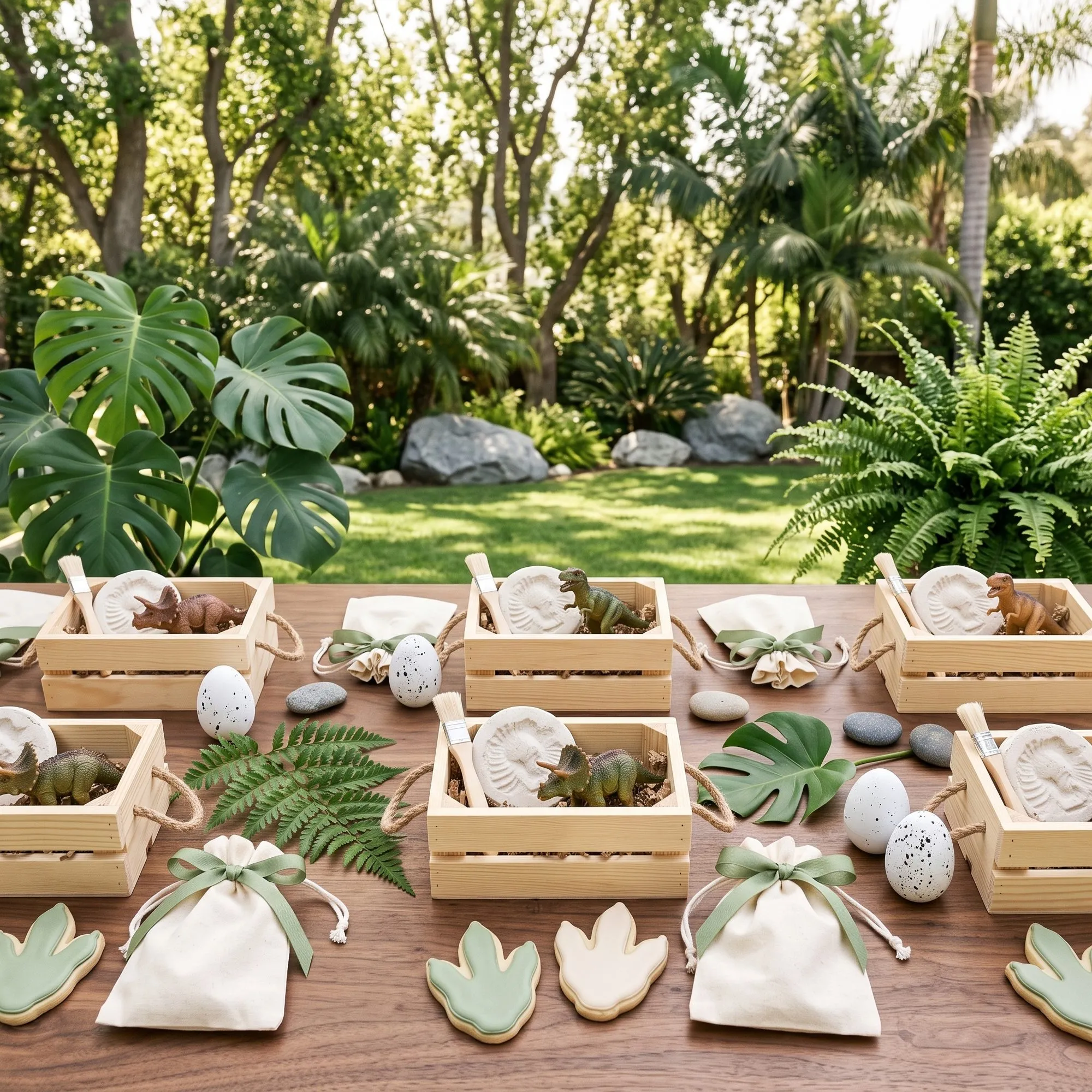 Small pine crates with rope handles set along a walnut table, each holding a plaster fossil, a wooden brush and a dinosaur figure in kraft crinkle paper, alternating with cream drawstring bags tied with sage ribbon. Footprint cookies iced in sage and cream, speckled eggs, smooth grey stones and loose fern and monstera leaves fill the gaps, with a sunny lawn and boulders behind.