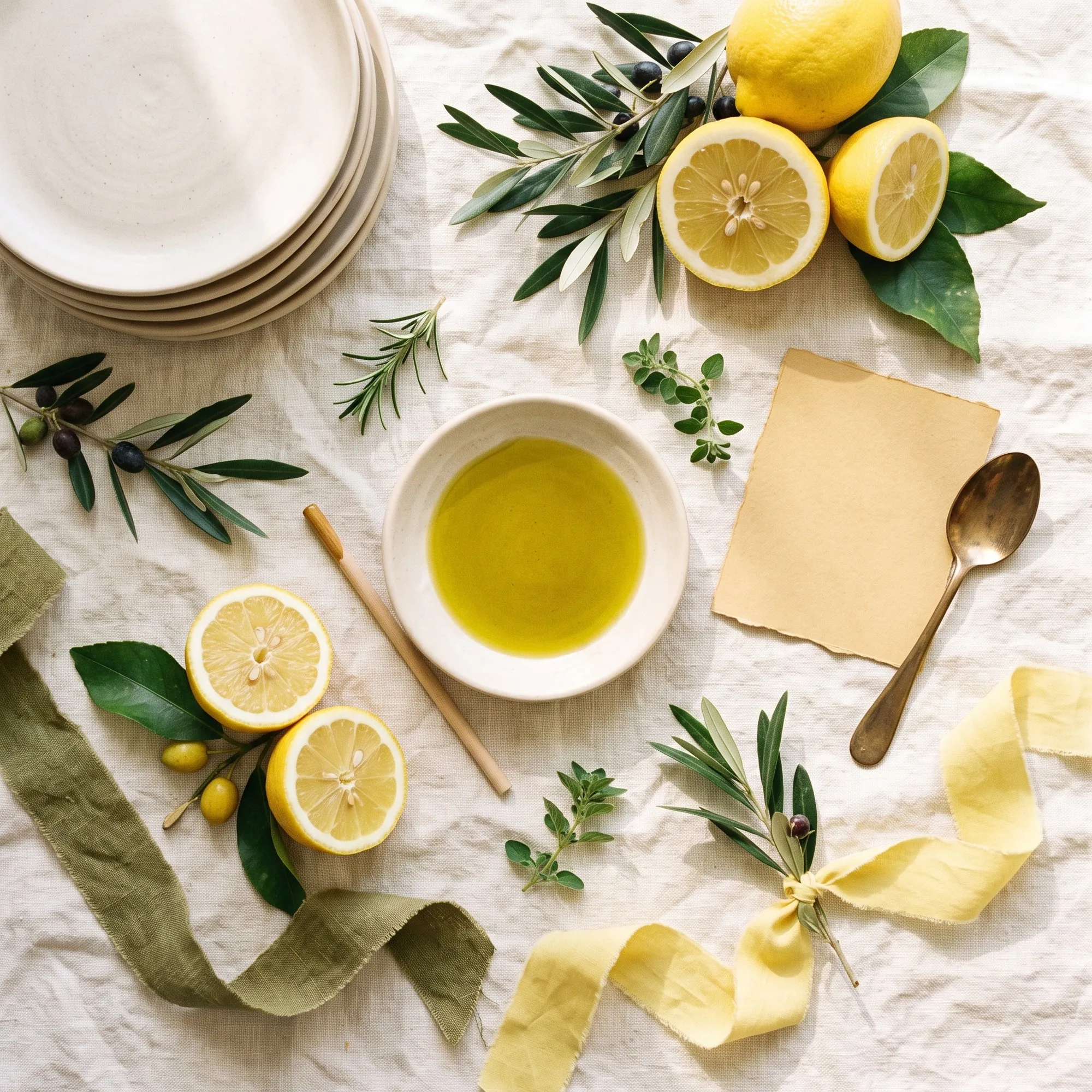 An overhead cream linen surface with halved and whole lemons, olive sprigs, a shallow dish of green olive oil, rosemary and oregano, olive and lemon-yellow ribbon and a stack of unglazed cream plates.