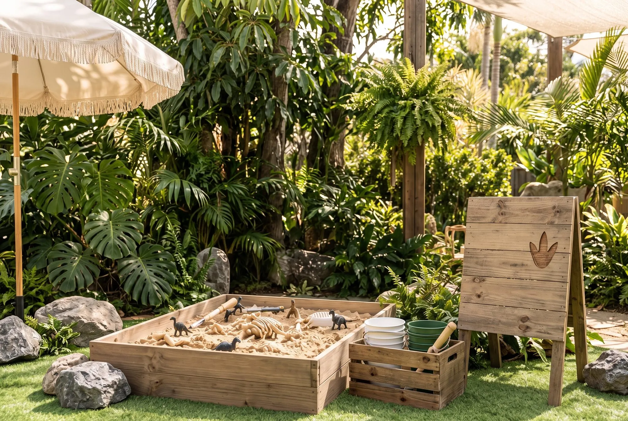 A large wooden sandbox on the lawn half filled with a buried plaster dinosaur skeleton, loose bones, small black dinosaur figures and trowels, beside a wooden crate of white and green buckets with a mallet. A blank A-frame wooden sign carved with a three-toed footprint stands to the right, under a fringed cream umbrella and a shade sail, with monstera, ferns and palms behind.