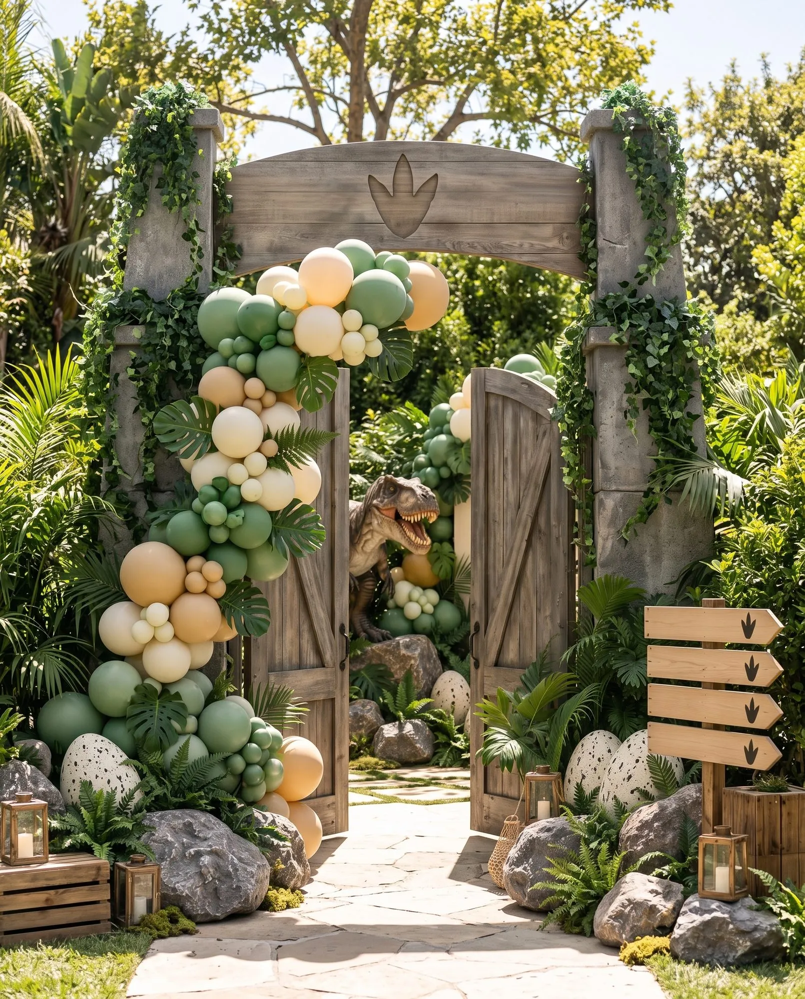 A rustic wooden gateway between two grey stone pillars hung with ivy, its arched crossbeam carved with a three-toed footprint and its double doors open onto a flagstone path. A balloon garland in sage, forest, cream and latte runs up the left side over monstera and ferns. Speckled eggs, boulders and brass lanterns line the path, a blank wooden arrow signpost stands to the right, and a T-rex peers out of the greenery past the doors.