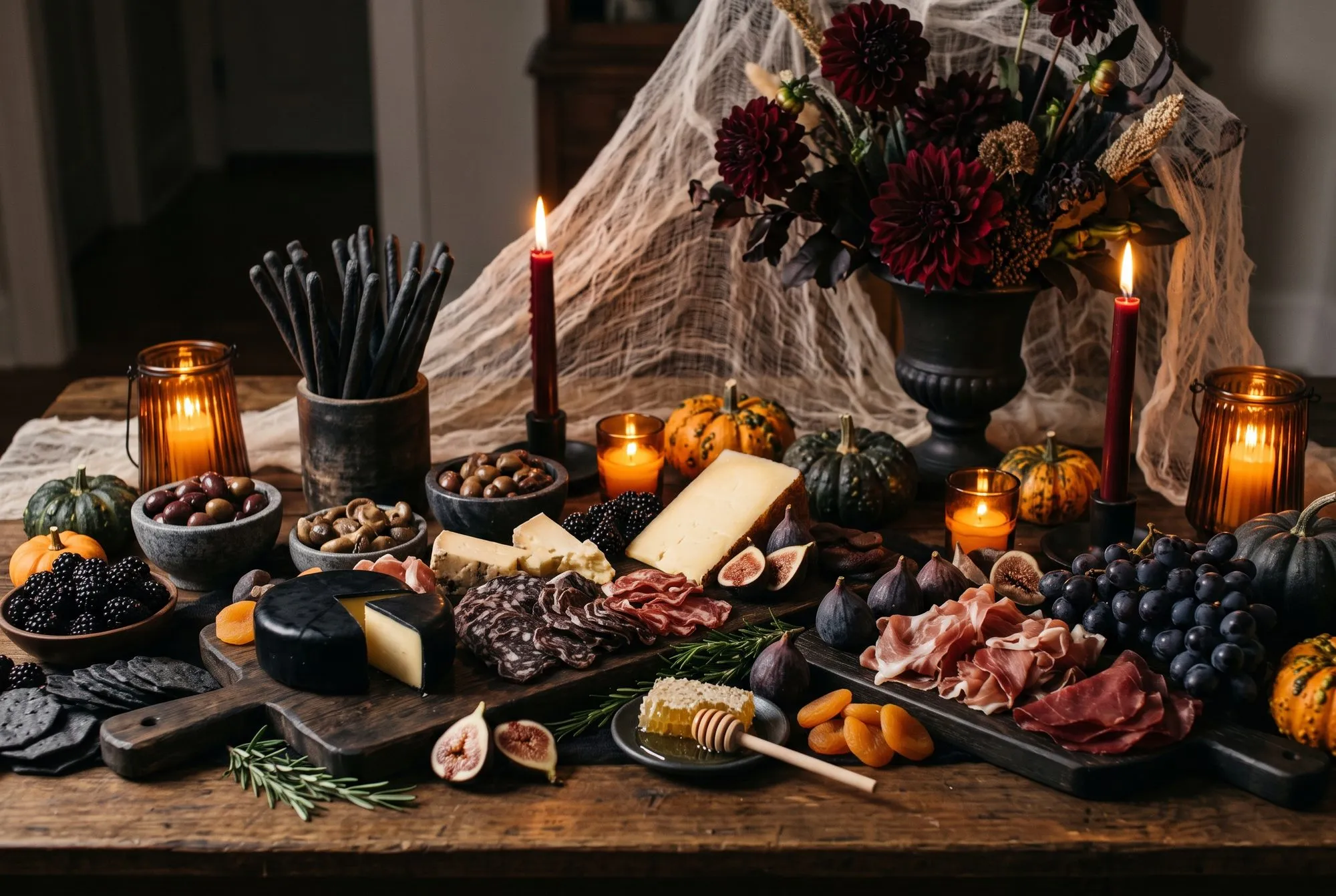 A grazing table laid on dark wooden boards over a scrubbed pine table, with sheer cheesecloth draped behind it like a cobweb and swagged across a black urn of burgundy dahlias, dried allium heads and plum foliage. A wheel of black waxed cheese sits open with one wedge cut away, beside a slab of aged alpine cheese, a wedge of blue cheese and a crumbling white cheese. Ribbons of salami, prosciutto and bresaola are folded along the boards among halved black figs, blackberries, dried apricots, a plate of honeycomb with a wooden dipper, sprigs of rosemary and a bunch of black grapes. Charcoal grissini stand upright in a dark stoneware crock and charcoal crackers fan out across the left of the table. Stone bowls hold green and kalamata olives and marinated mushrooms, and a wooden bowl of blackberries sits at the front left. Oxblood tapers burn in black holders at each side, amber ribbed lanterns glow at the far left and right, small votives sit among the food, and warty green and orange heirloom gourds are tucked between the boards.