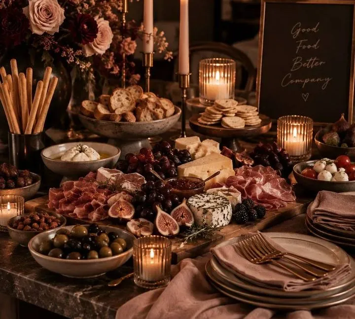A marble topped table built into a grazing spread on dark wood boards. Ruffled prosciutto and salami run in ribbons around a wheel of herbed brie, wedges of aged cheddar, black grapes, halved fresh figs, blackberries, rosemary and a small brass handled dish of fig jam. Stone bowls hold green and black olives, marinated mushrooms, chocolate truffles, bocconcini with cherry tomatoes, burrata in olive oil and whole figs, with grissini standing upright in a dark cylinder, sliced baguette in a footed speckled bowl and water crackers fanned on a brass pedestal. Ivory tapers burn in brass candlesticks of stepped heights among ribbed votives. A dark framed sign at the back right is lettered "Good Food Better Company" in gold script above a small heart, and blush and mauve roses with burgundy dahlias and dried stems fill a dark urn at the left. At the near end sit stacked cream plates with dusty pink napkins and brass forks and a length of blush linen spilling over the marble edge.