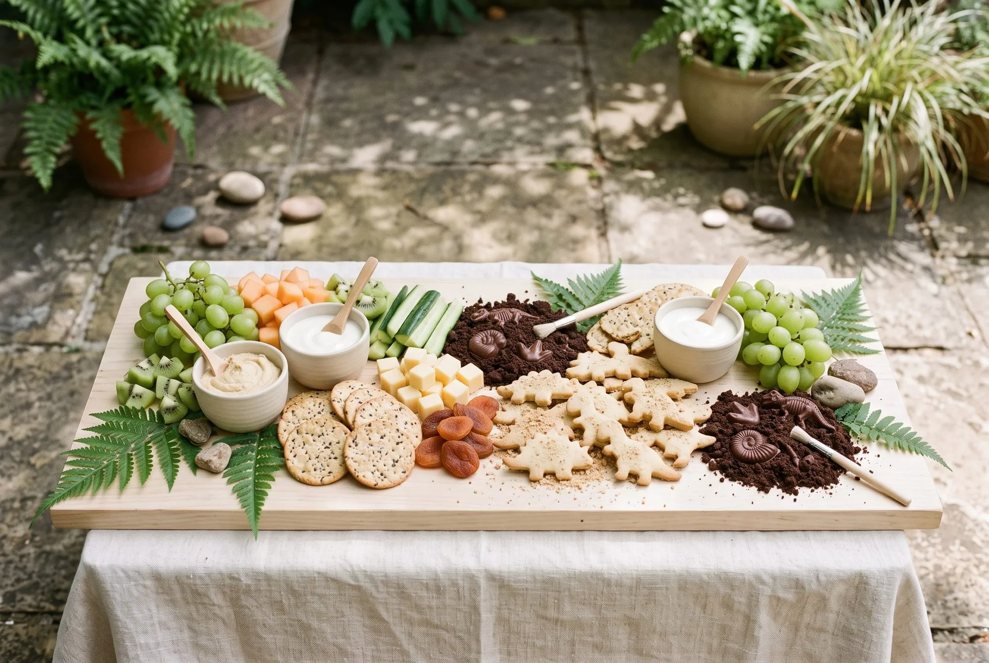 A long pale wood board on a linen-covered table on a shaded stone patio, loaded from one end with green grapes, cubed cantaloupe, kiwi, cucumber spears, cubed pale cheese, dried apricots and seeded crackers, then dinosaur-shaped shortbread dusted with fine crumb, two heaps of dark cocoa crumb with chocolate fossils and skeletons half buried in them, three cream stoneware bowls of hummus and yoghurt with wooden spoons, two wooden pastry brushes laid on the board as dig tools, fresh fern fronds tucked under the edges and a few river stones, with potted ferns and grasses on the flagstone behind.