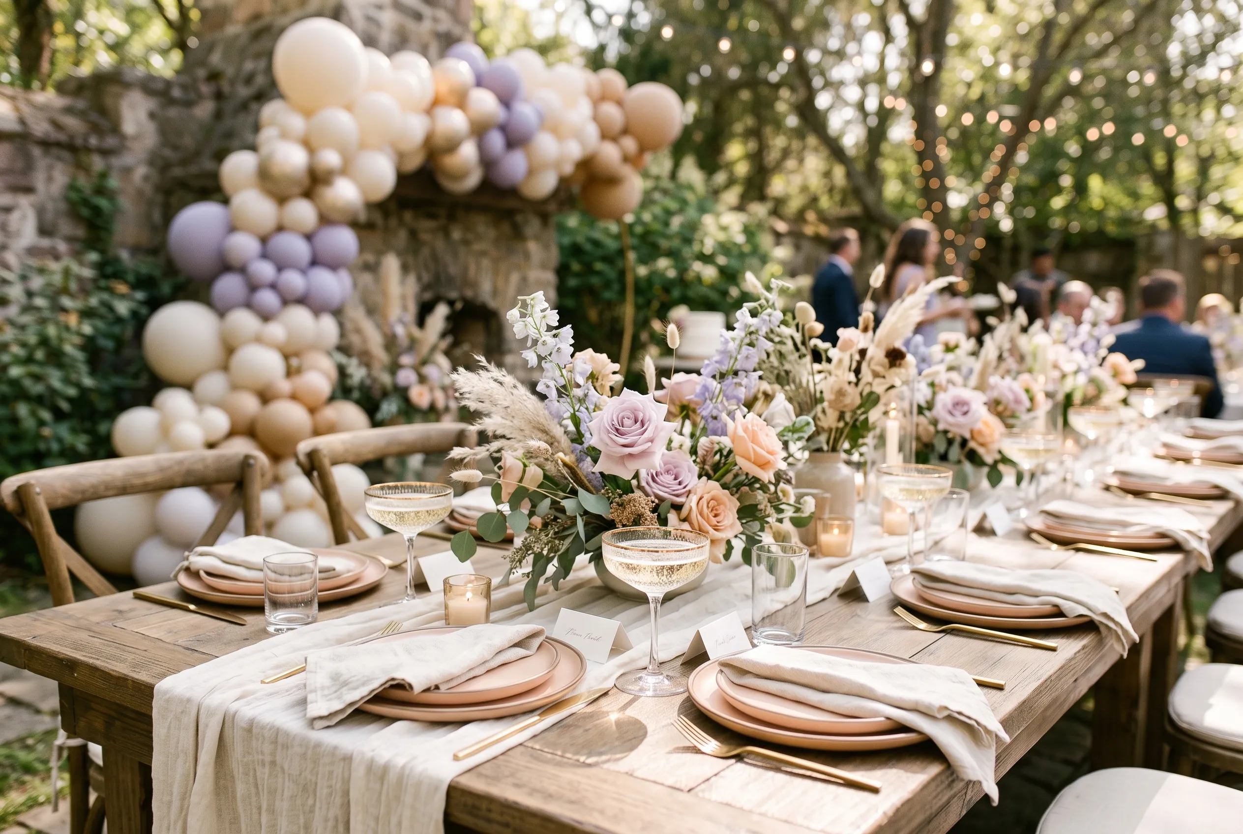 A beautifully styled backyard celebration table with florals, champagne coupes and a balloon garland