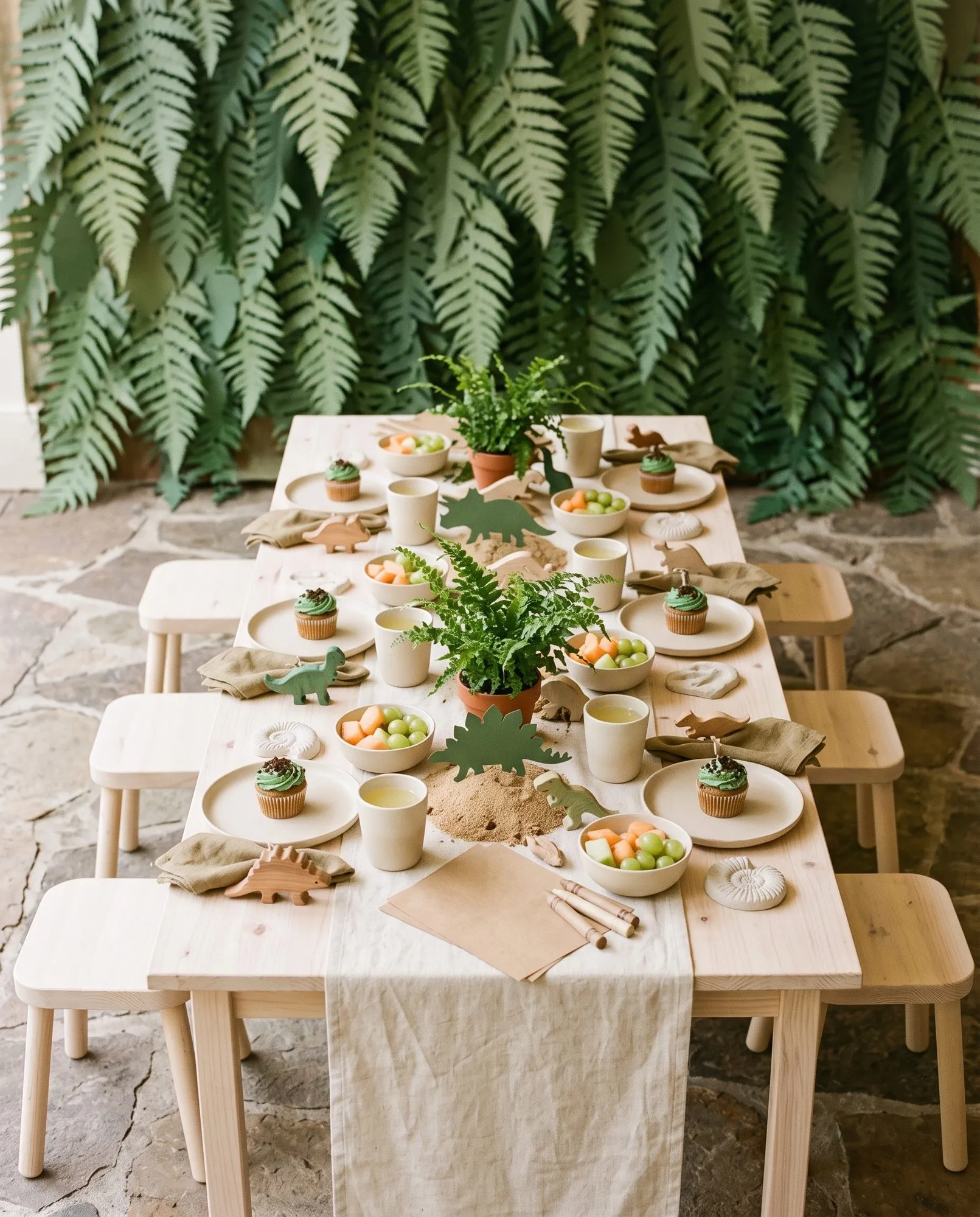 A long toddler-height table in pale raw pine with matching pine stools down both sides, a cream linen runner laid the length of it with a raised spine of real sand poured straight down the middle, dark green cut-card stegosaurus and triceratops standing up in the sand between two small ferns in terracotta pots, and every place set with a cream stoneware plate and a cupcake in sage green frosting dusted with cookie crumb, a cream stoneware beaker of pale juice, a small bowl of melon and green grapes, an olive linen napkin tied around a solid wooden dinosaur, a white unglazed clay ammonite disc, and at the near end a sheet of kraft paper with two thick wooden crayons, all in front of a hanging wall of cut paper ferns.