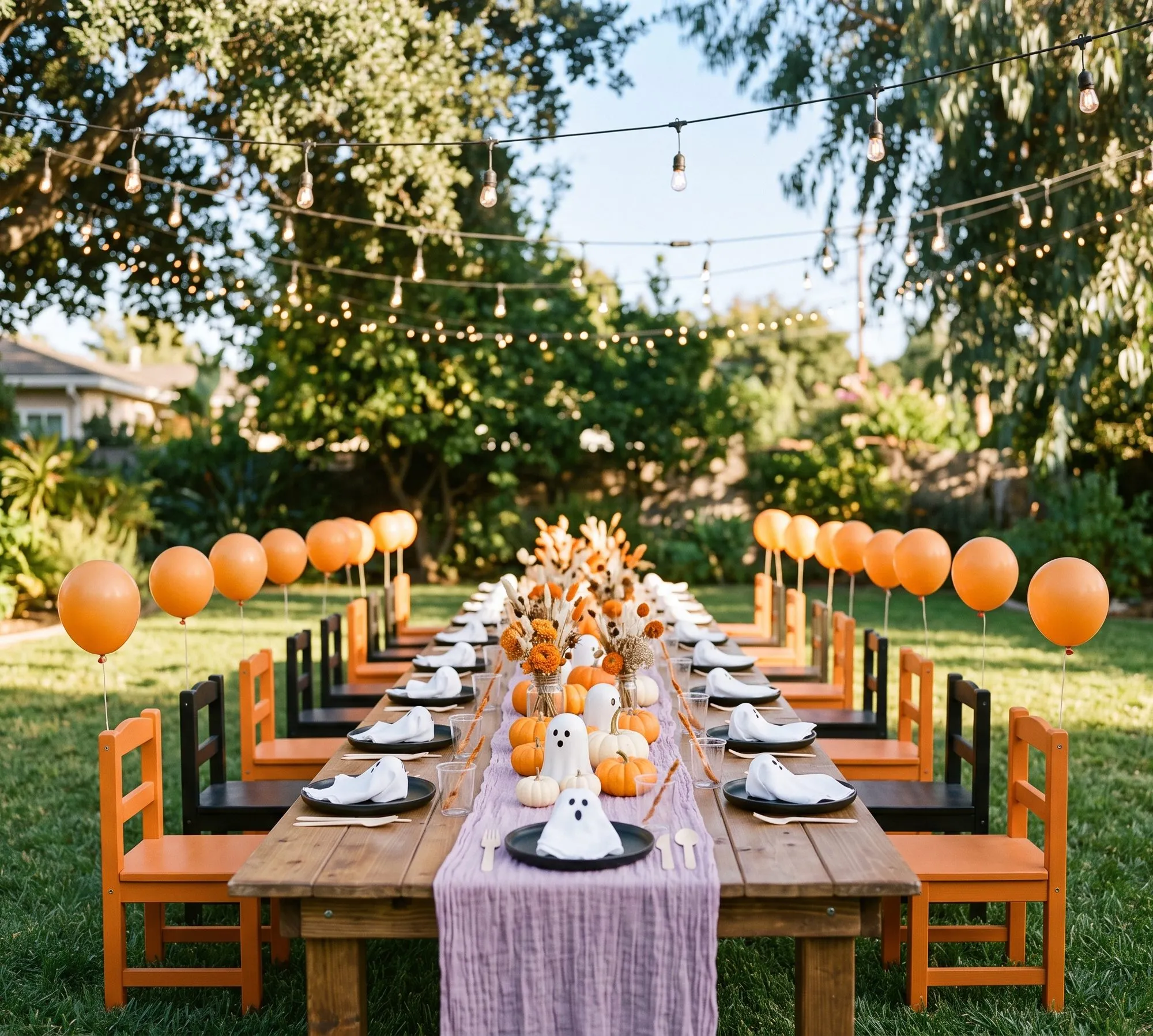 A long wooden table with a crinkled lavender runner holds black plates with white napkins folded into ghosts, mini pumpkins and dried flowers, and child-size orange and black chairs each have an orange balloon tied on under string lights.