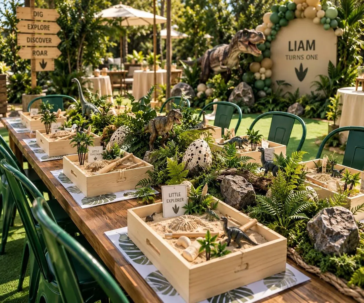 A long walnut table lined with green metal bistro chairs, set at each place with a monstera print placemat and a pine crate of sand holding a plaster fossil, wooden digging tools, small dinosaur figures and a mini palm, some with "Little Explorer" cards. Ferns, moss, rocks, speckled eggs and dinosaur figures run down the centre. A wooden signpost reading Dig, Explore, Discover and Roar stands at the far end, with the T-rex and an arched panel lettered "Liam turns one" behind.