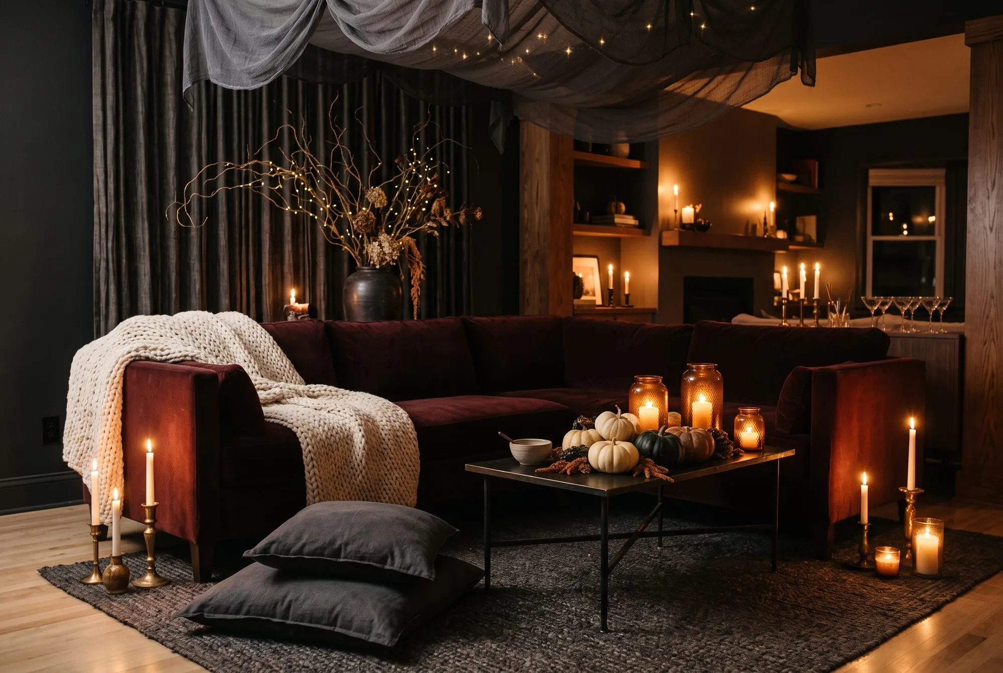 A lounge corner in a room with charcoal walls, built around a deep oxblood velvet sectional sofa. A chunky cream knitted throw is draped over the near arm and spills across the seat, and two large charcoal linen floor cushions lie on a grey woven rug in front of it. The low coffee table has a brass top on slim black iron legs and carries three ribbed amber glass jars with candles burning inside them, a small pale stoneware bowl, a cluster of heirloom pumpkins in cream and dark green with a squat bronze one among them, dried rust coloured amaranthus and a scatter of pine cones. Ivory tapers burn in brass candlesticks of different heights on the floor at both sides of the table, with amber votives and a glass pillar holder grouped at the right. Behind the sofa hang heavy dark grey velvet curtains and a black stoneware vase of curling bare branches strung with fairy lights, dried hydrangea and rust foliage. Grey gauze is swagged across the ceiling overhead with more fairy lights running through it. Further back, tapers burn in brass holders on a fireplace mantel and on wooden shelves of books, and a row of coupe glasses is lined up on a sideboard beside a dark window.