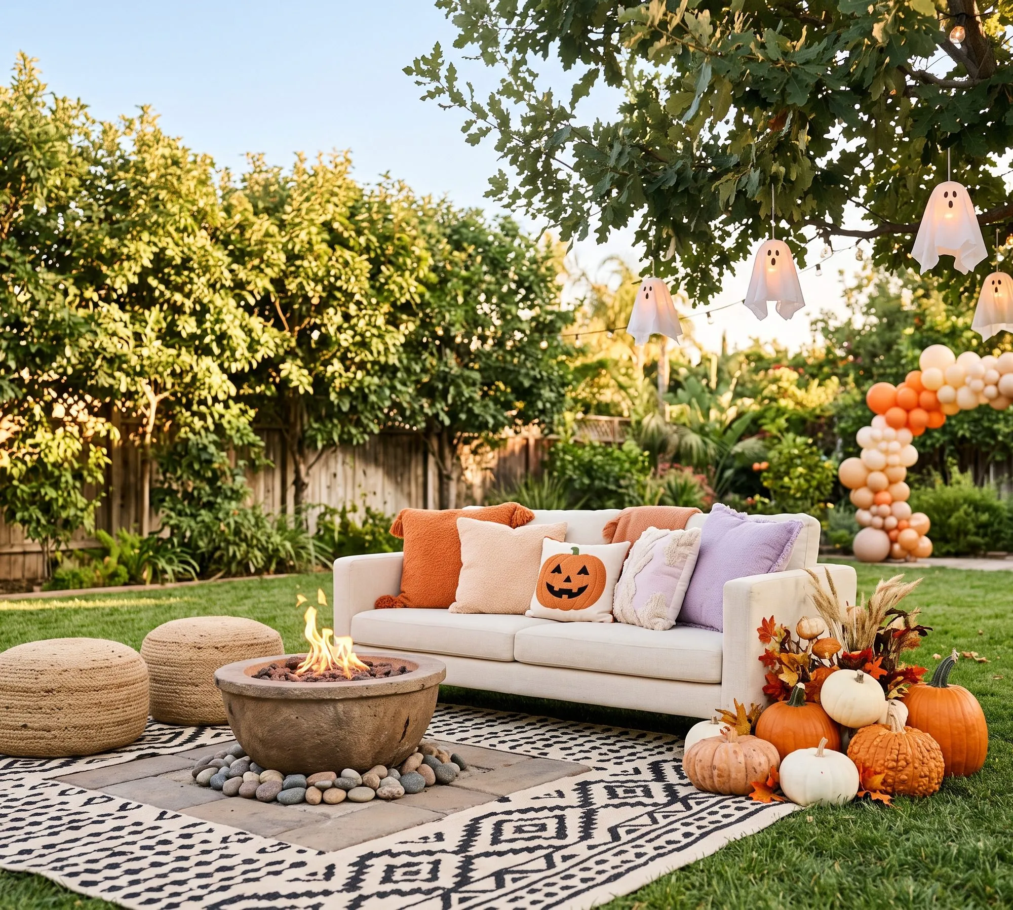A cream sofa with orange, peach, lavender and jack-o'-lantern pillows sits on a black and cream patterned rug with two jute poufs and a stone fire bowl, under white ghost lanterns hanging from a tree, with a peach and orange balloon column behind.