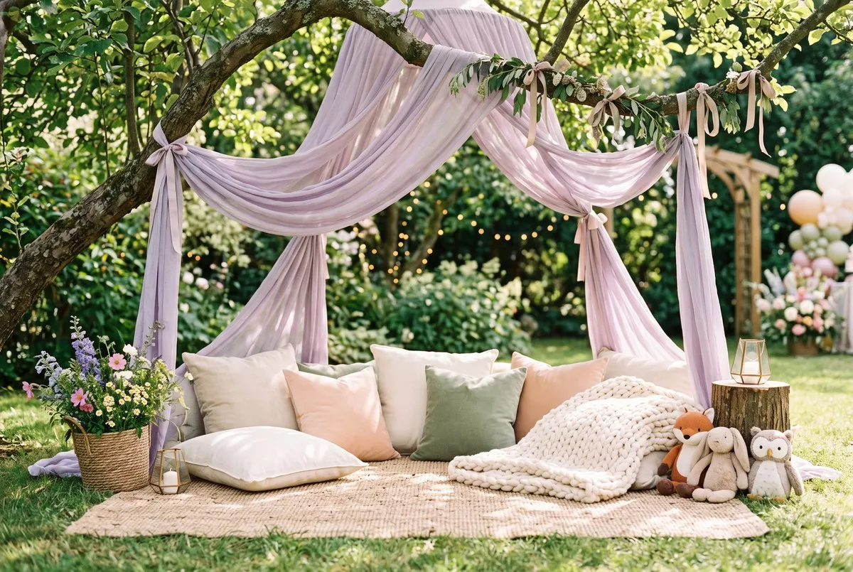 A low nook of cream, peach and sage cushions on a jute rug under a canopy of lavender fabric, with a knitted throw and soft woodland toys.