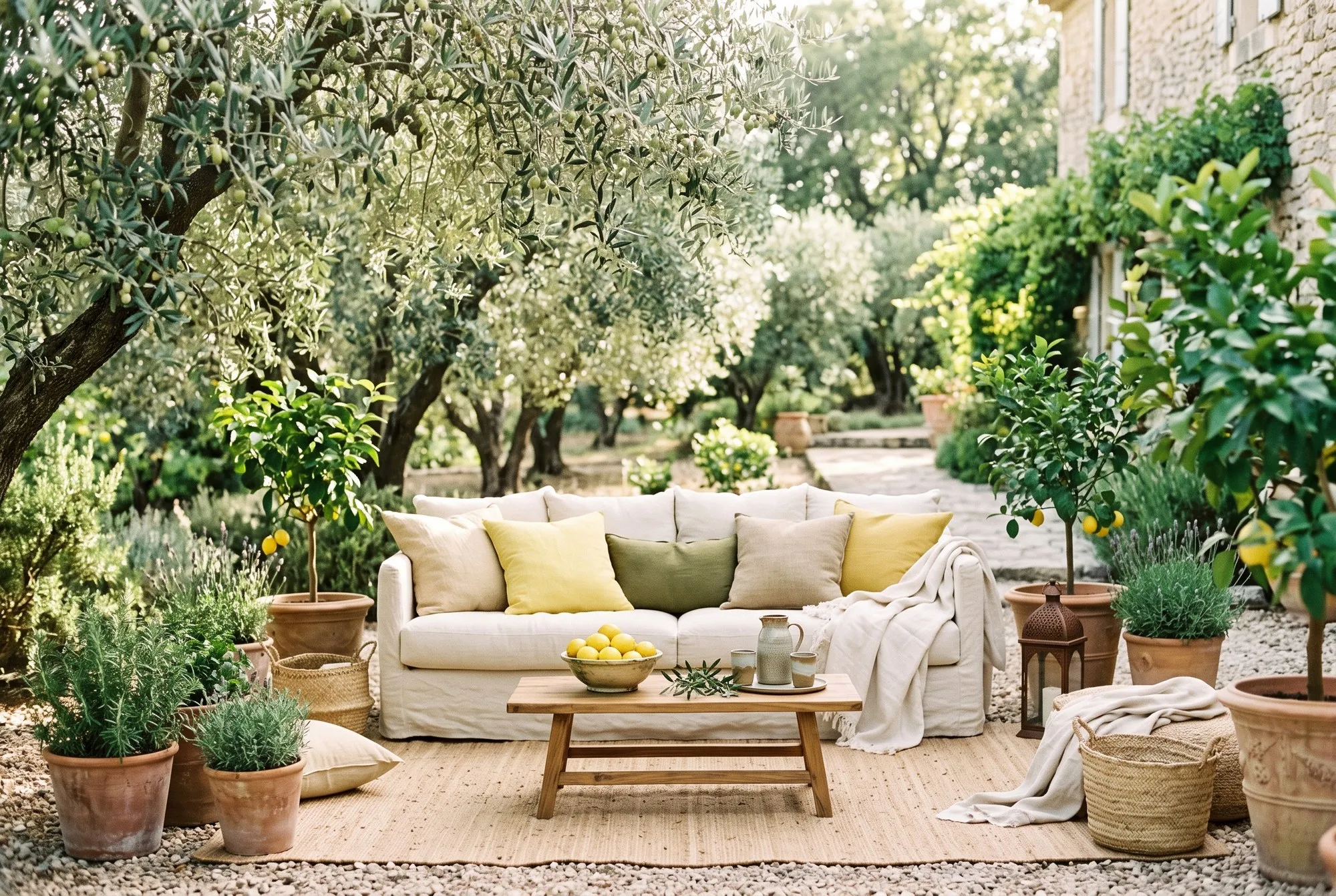 A low garden lounge on a jute rug over gravel, with a cream linen sofa, lemon-yellow and olive cushions, a rumpled throw, an olive-wood table holding a bowl of lemons, and terracotta pots of rosemary around the edges.