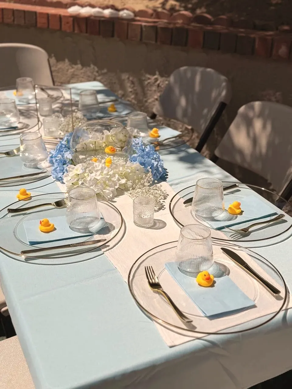 The table seen end-on, chairs pulled in, ducks perched on every folded napkin.