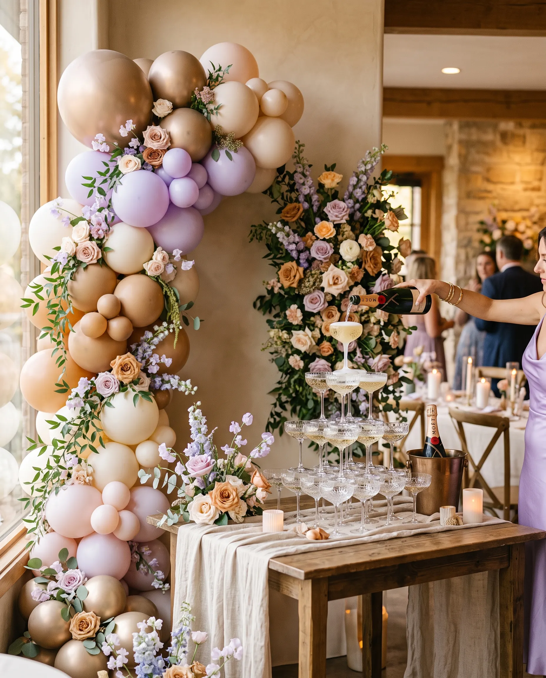 An elegant milestone celebration with a champagne tower and florals
