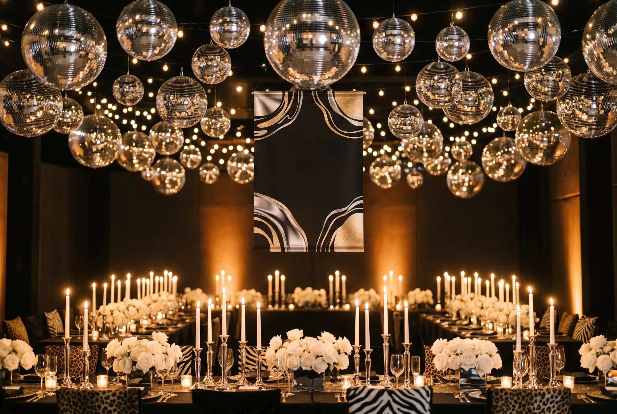 Dozens of mirror balls in mixed sizes hung at staggered heights above warm string lights, over long black tables set with white roses, tall tapers in silver candlesticks and leopard and zebra print chair backs.