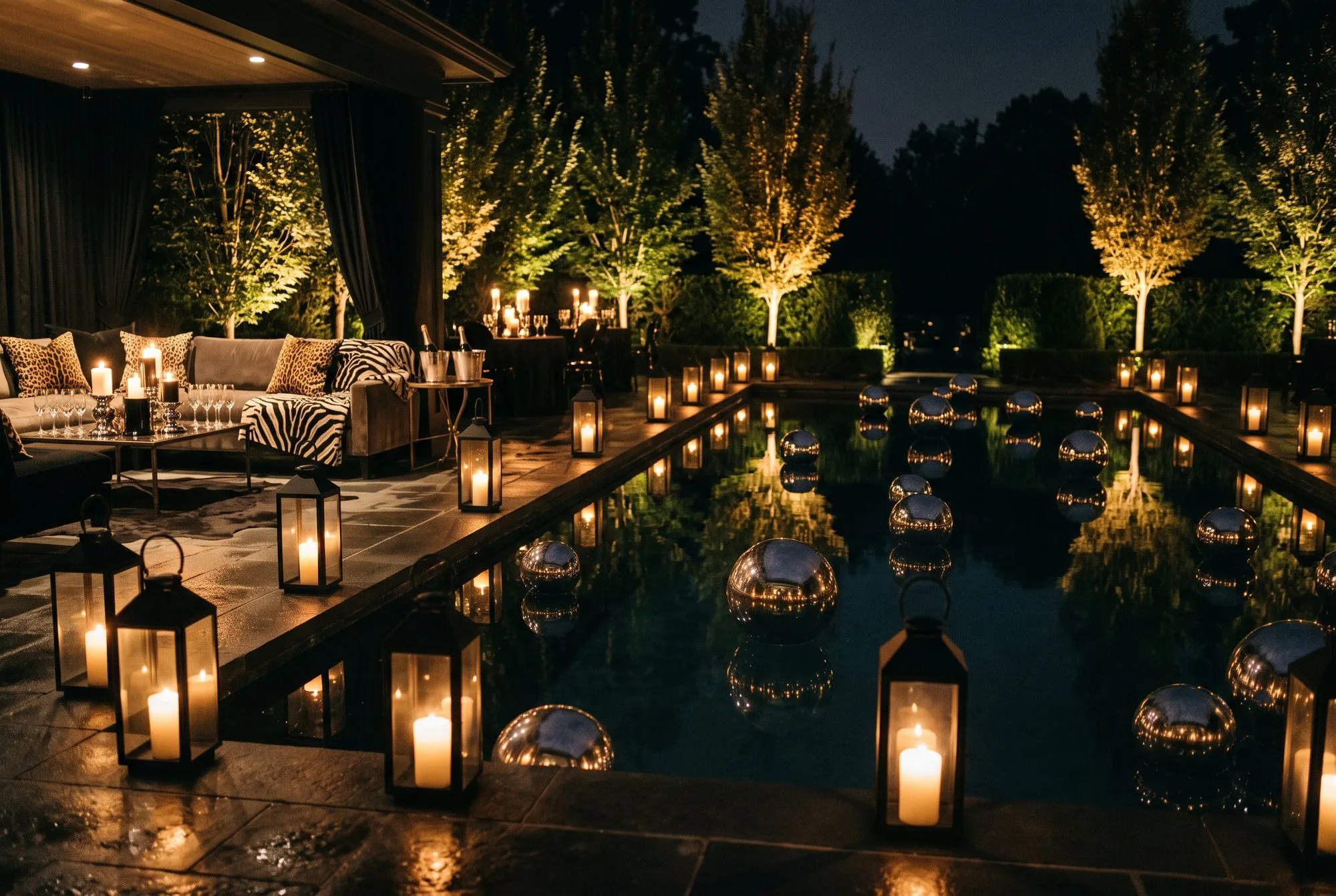 A rectangular pool at night with chrome spheres floating on the surface, black framed lanterns lining the coping and the patio, uplit trees behind, and a leopard and zebra print lounge setup with champagne on ice to one side.