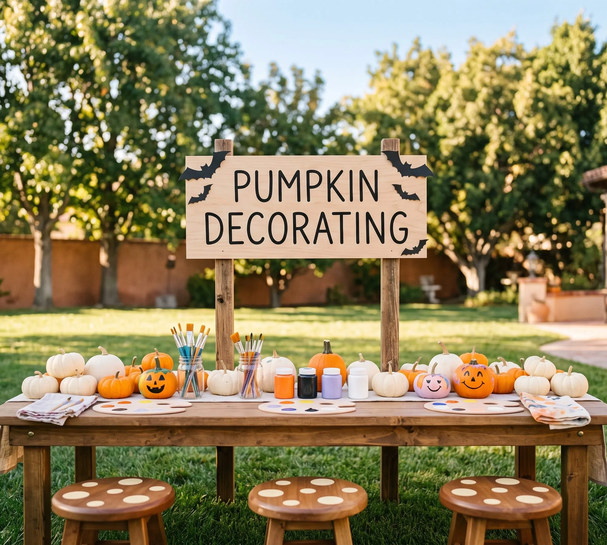 A wooden Pumpkin Decorating sign with black bats stands over a table of white and orange mini pumpkins, jars of paintbrushes, paint pots in orange, black, lavender and white, and wooden palettes, with three spotted mushroom stools in front.