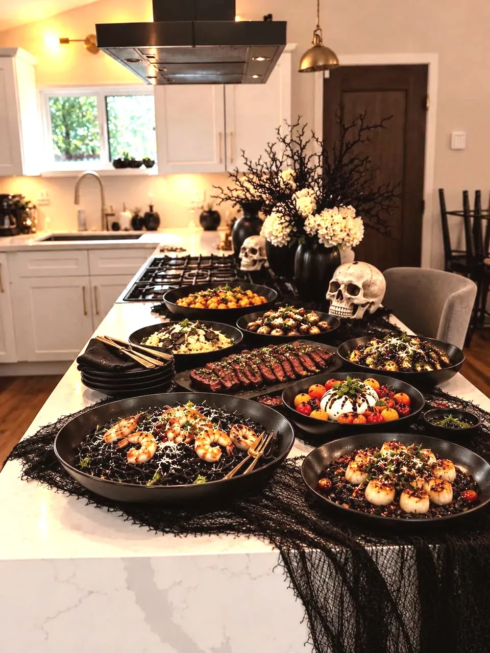A white marble kitchen island draped in black cheesecloth, set with black bowls of black pasta topped with grilled shrimp, seared scallops, sliced steak, burrata with cherry tomatoes and risotto, with a skull and black branches behind