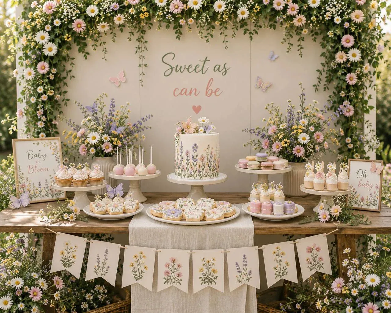 A rustic wood dessert table under a cream panel draped with daisy garlands and trailing greenery, lettered "Sweet as can be" with a small blush heart and two paper butterflies. On the table a wildflower painted cake on a white pedestal, cupcakes with pale pink swirls, cake pops, pastel macarons, iced flower cookies, two small framed botanical prints, ribbed cream vases of daisies and lavender, and a pressed flower pennant banner strung along the front edge, with meadow flowers crowding in on every side.