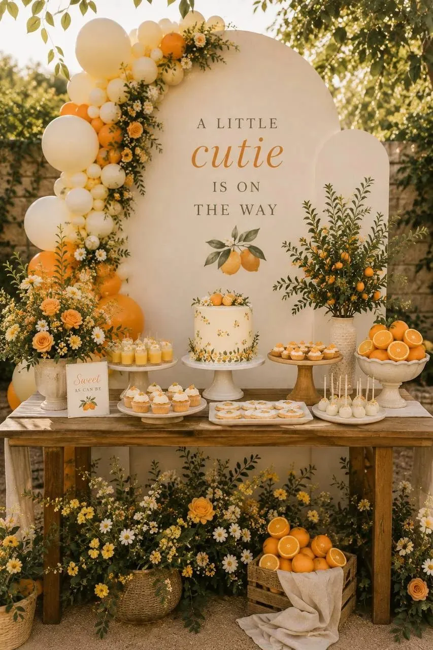 A weathered wood dessert table in front of a tall cream arched backdrop printed with "A Little Cutie Is on the Way" and a painted citrus branch. A balloon garland in white, butter yellow and orange curves down the left edge, threaded with eucalyptus, white daisies and orange roses. On the table sit a white cake dotted with small yellow flowers on a pedestal stand, frosted cupcakes, glazed cookies, cake pops, layered mousse cups, a scalloped stone bowl of halved oranges and a small sign reading "Sweet as Can Be", with a wooden crate of oranges and a bed of yellow and white daisies below.
