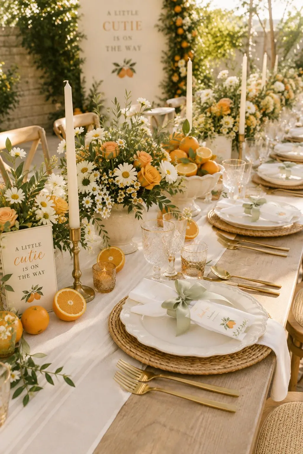 A long raw wood table on an outdoor patio, dressed with a cream fabric runner, woven rattan chargers, scalloped white plates and gold flatware. Each setting holds a white napkin tied with a sage green ribbon bow and a printed menu card with orange illustrations. Down the centre run white daisies, chamomile, apricot and yellow roses and olive foliage in cream footed urns, a pedestal bowl of whole oranges, halved orange slices laid straight on the runner, ivory taper candles in brass holders, amber votives and cut crystal glassware, with the printed backdrop standing at the head of the table.
