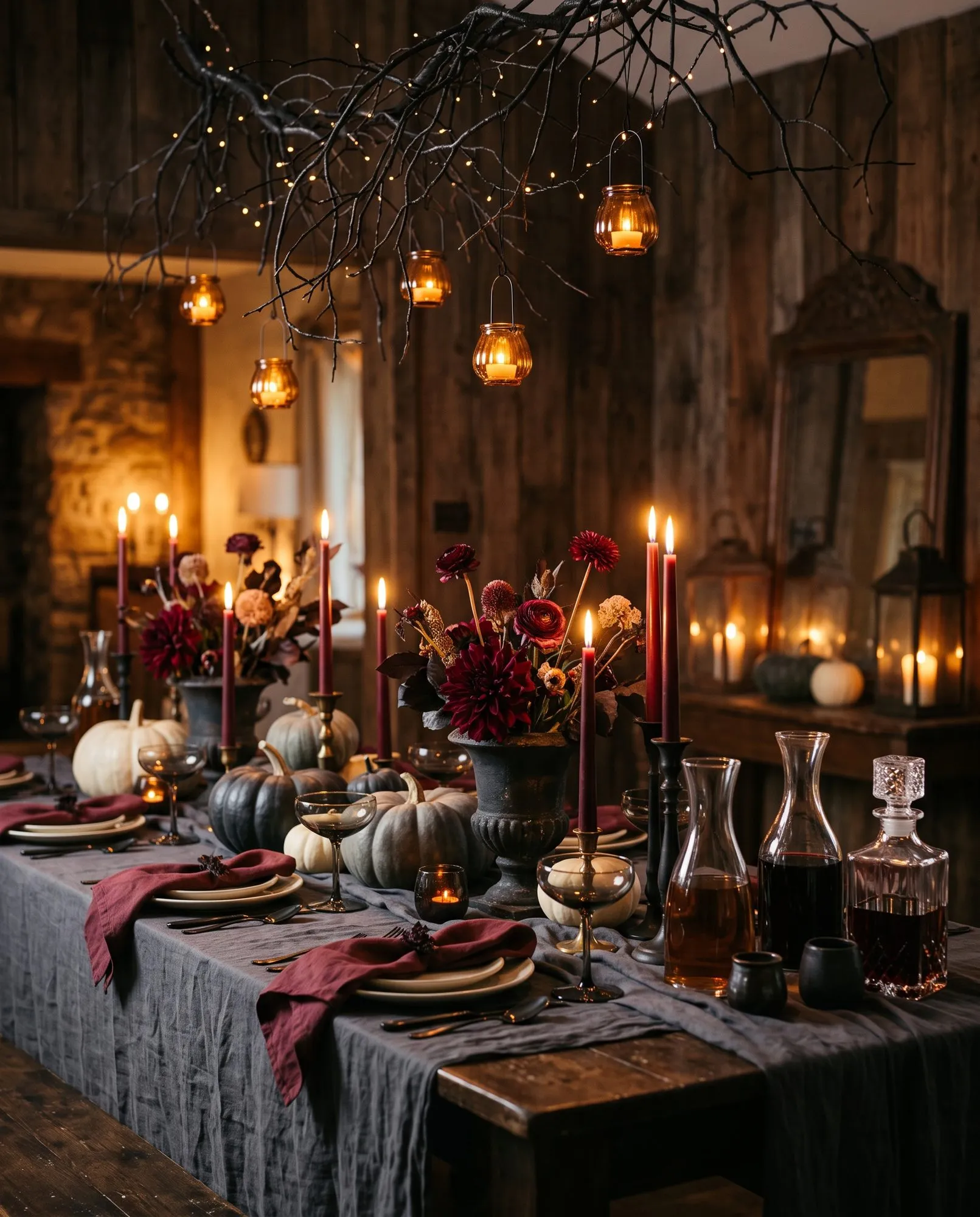 A long farmhouse table dressed in rumpled grey linen in a room panelled with weathered dark wood. Oxblood linen napkins, each pinned with a dried star anise, lie across cream stoneware plates with dark cutlery and smoked amber coupes. Down the centre run heirloom pumpkins in slate grey, sage and cream, black cast iron urns of burgundy dahlias, red ranunculus, dried marigolds and copper beech leaves, and oxblood tapers burning in black and brass candlesticks. Glass carafes of red wine and amber spirits and a cut crystal decanter stand at the near end with small black cups beside them. A bare branch is suspended above the table, strung with fairy lights and six amber glass tea light lanterns hanging on wire handles. A carved mirror and a sideboard of lit pillar candles, lanterns and pale pumpkins glow against the far wall.