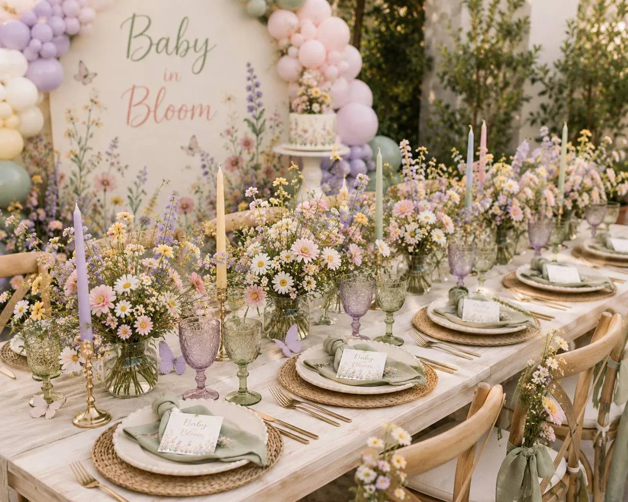 A long whitewashed table set outdoors, run down the center with glass jars and vases of loose wildflowers and pastel taper candles in brass holders. Each place has a rattan charger, a glazed cream plate, a sage green napkin, a pressed flower name card and gold flatware, with pressed glass goblets in lilac and green above. Wooden cross back chairs carry sage sashes and small posies, and the Baby in Bloom arch and its balloon garland stand at the head of the table under olive trees.