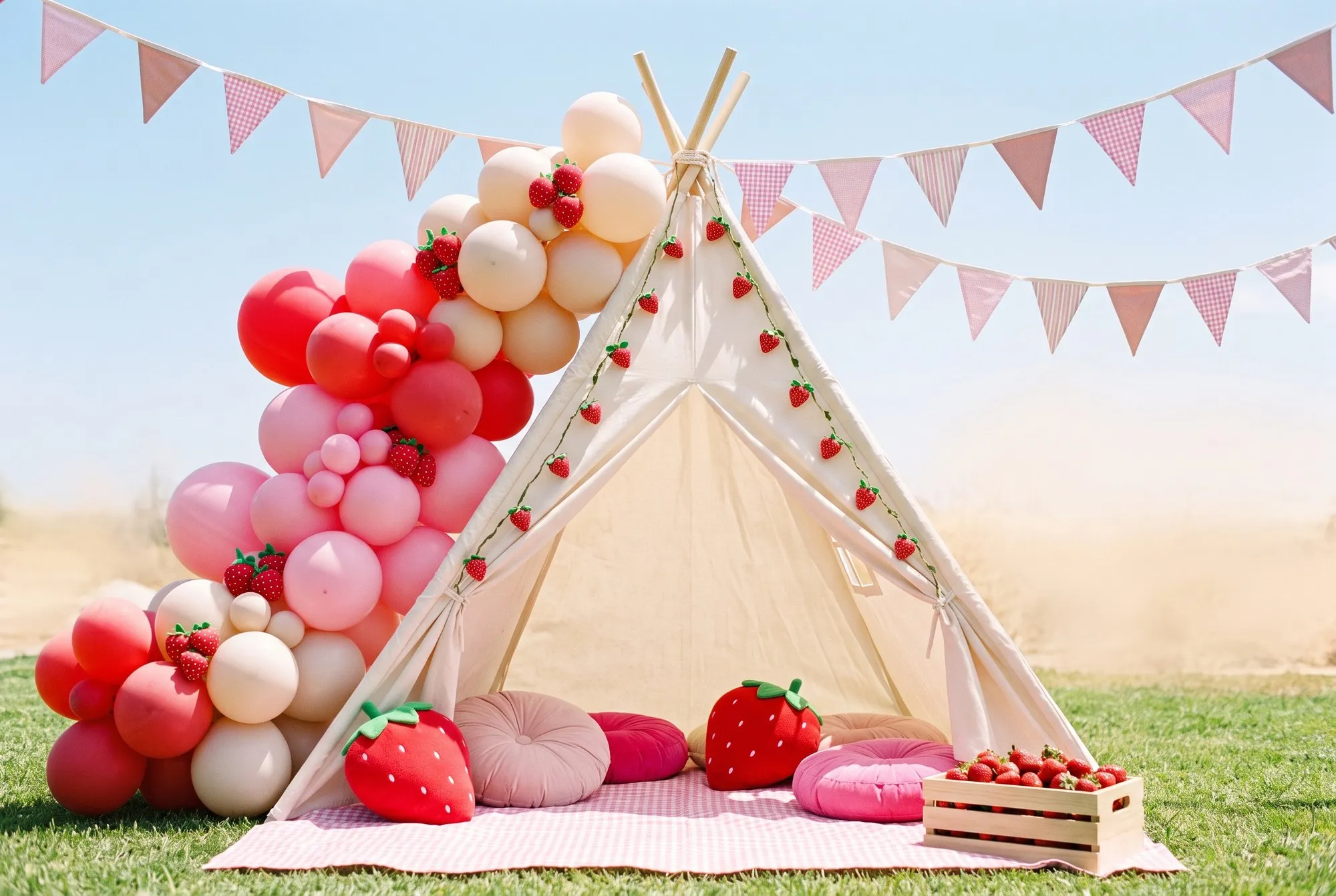 A cream canvas teepee with slim pale wooden poles pitched on lawn, its front panels tied open, a strawberry garland running down the poles, a lush balloon garland in strawberry red, bubblegum pink, blush and cream climbing one side, rows of blank pink and cream triangle bunting strung overhead, and a pink gingham blanket in front piled with plush strawberry cushions and blush floor cushions beside a slatted crate of fresh strawberries.
