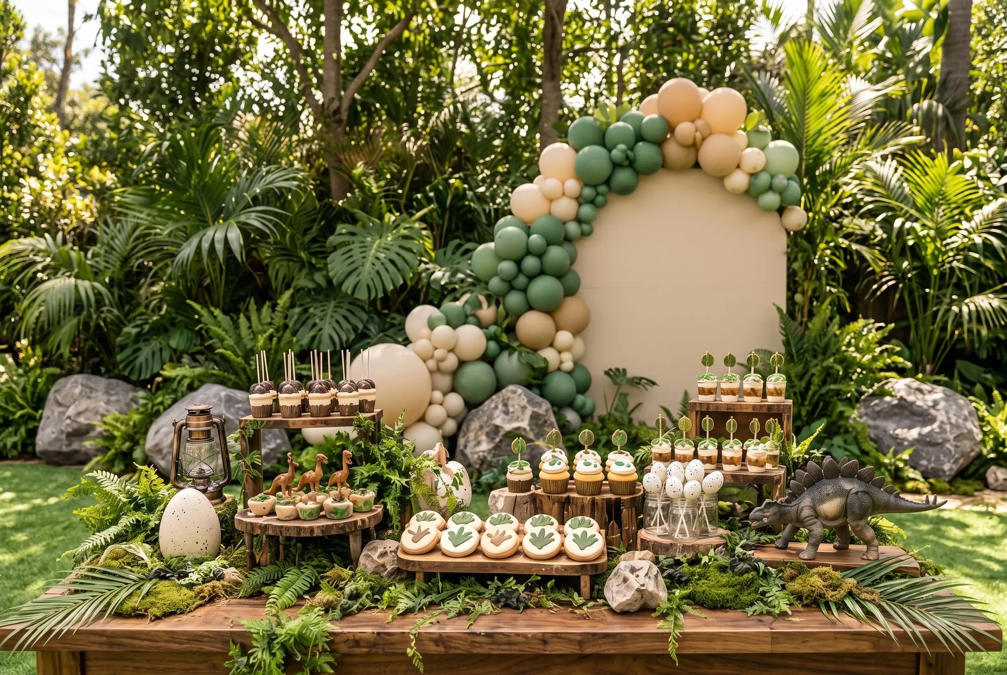 A walnut dessert table in front of a blank cream arched panel with a green, cream and latte balloon garland, backed by palms and monstera. Tree-slice risers and stump stands hold chocolate dipped treats on sticks, cupcakes with green spots and leaf picks, layered dessert cups, footprint cookies iced sage on cream, speckled egg cake pops in glass jars and mossy cups topped with small dinosaurs. A large speckled egg, a brass lantern, a stegosaurus figure, moss and ferns line the front edge.